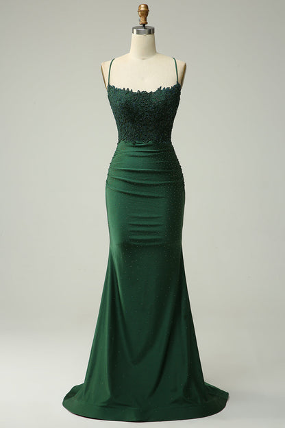 Mermaid Halter Dark Green Long Prom Dress with Appliques Beading