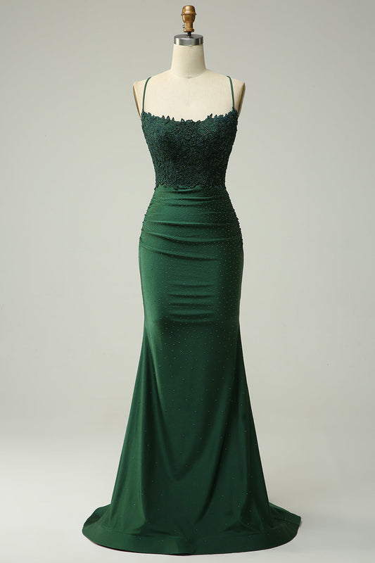 Mermaid Halter Dark Green Long Prom Dress with Appliques Beading